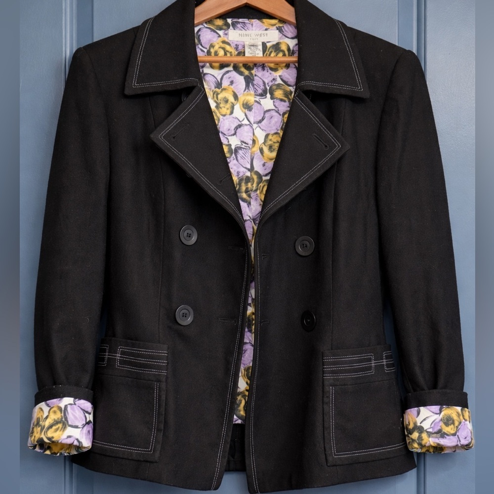 Nine West Black Double Breasted Blazer Contrast Stitch Tailored Jacket Size 8